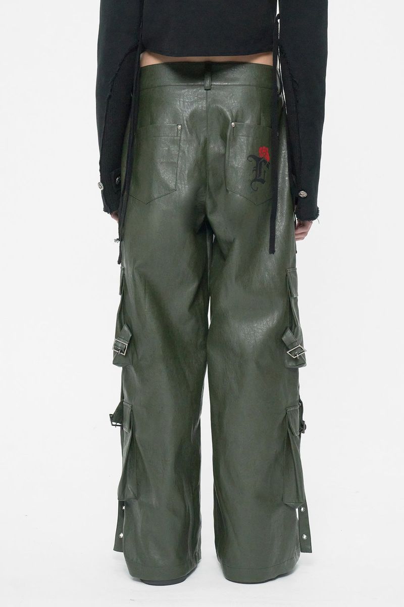 EYELET CARGO LEATHER PANTS KHAKI