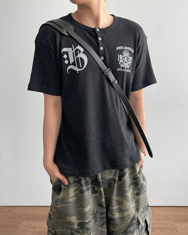 Shield Henley neck Waffle Short Sleeve T