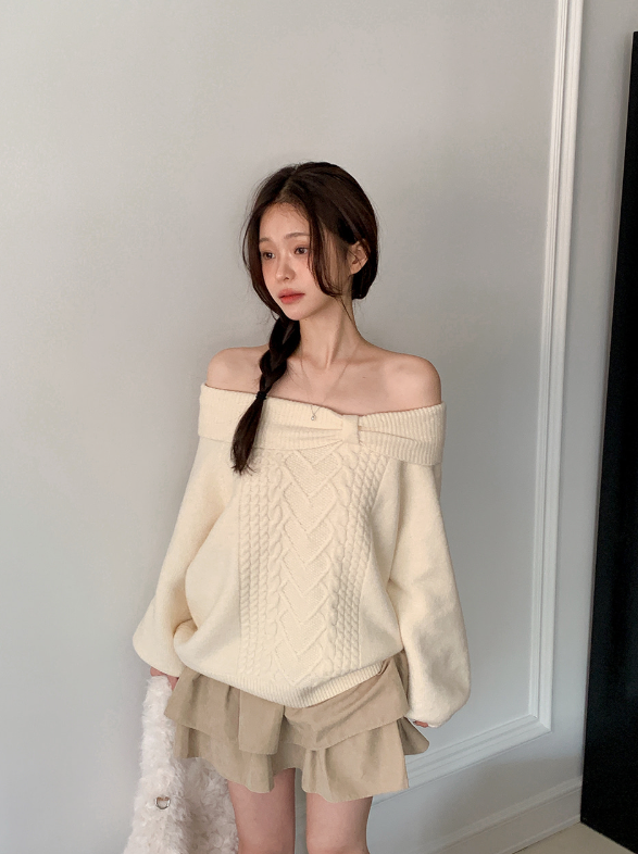 Present Ribbon Twist Loose Off Shoulder Knit (4color)