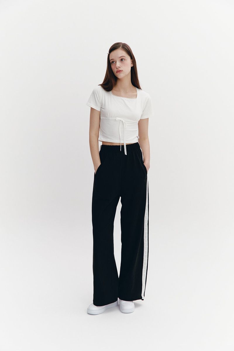 Lace Ribbon Shirring Top Ivory
