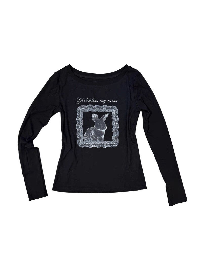 eatmeplz* ブラックレースラビット ラウンドネック プリントフィット長袖Tシャツ