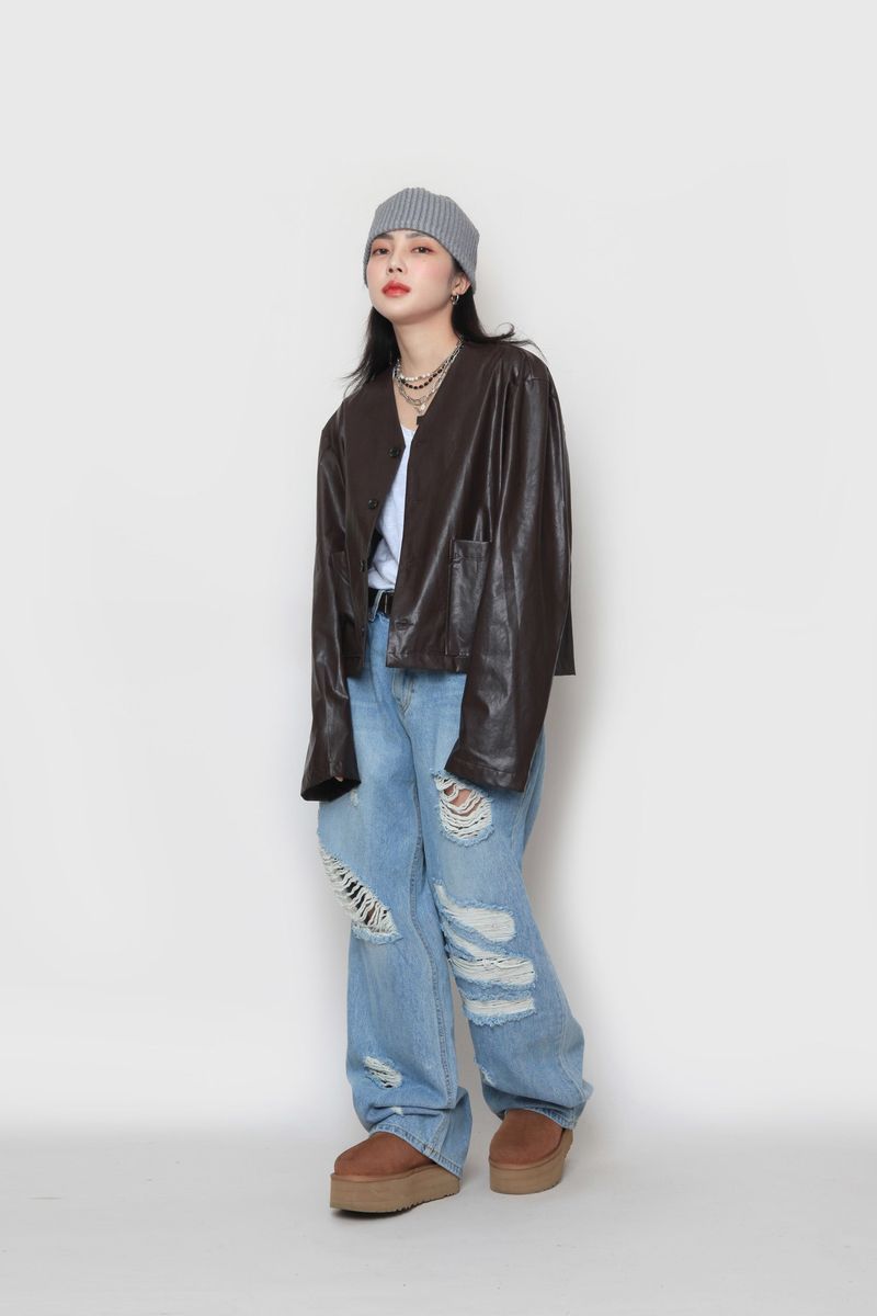 Crop leather cardigan
