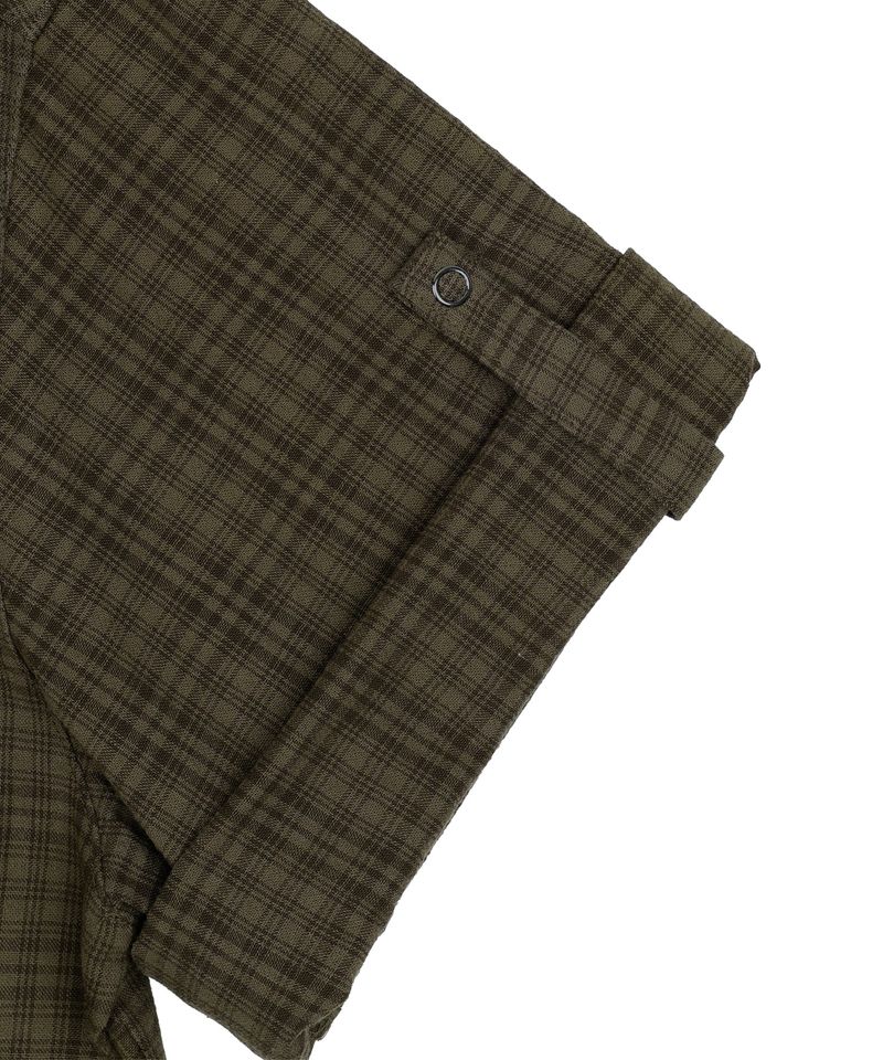 Texture Crop Roll-Up Check Short Sleeve Shirt - Brown