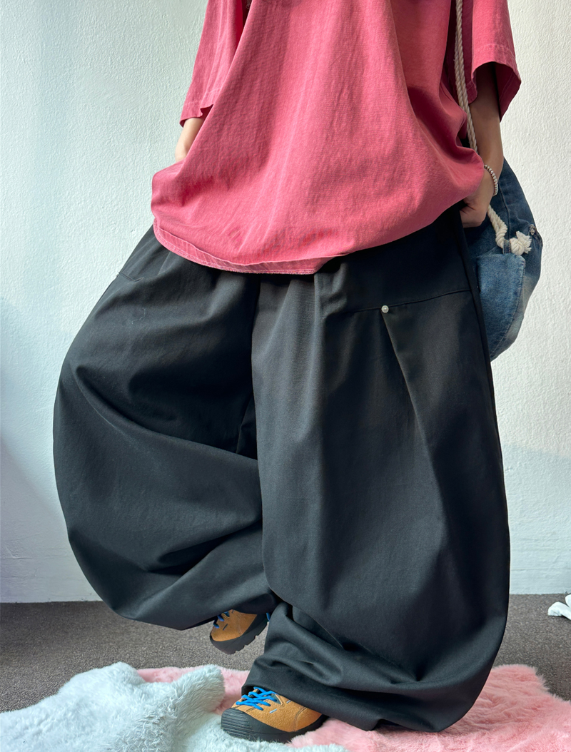 KOREAN/STRING 🩵 STUD RIVET POINT FRONT SLIT OVER HIP BALLOON WIDE LONG PANTS 🩶🖤🩵 - 3 COLORS