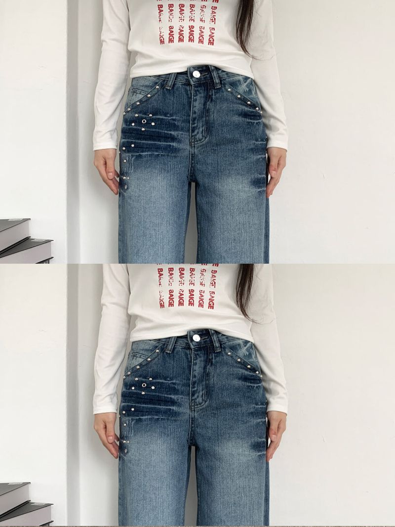 Rivet eyelet punching washed wide denim pants (Denim)