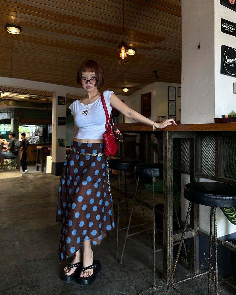 Dot Polka Dot Unbalanced Midi Skirt