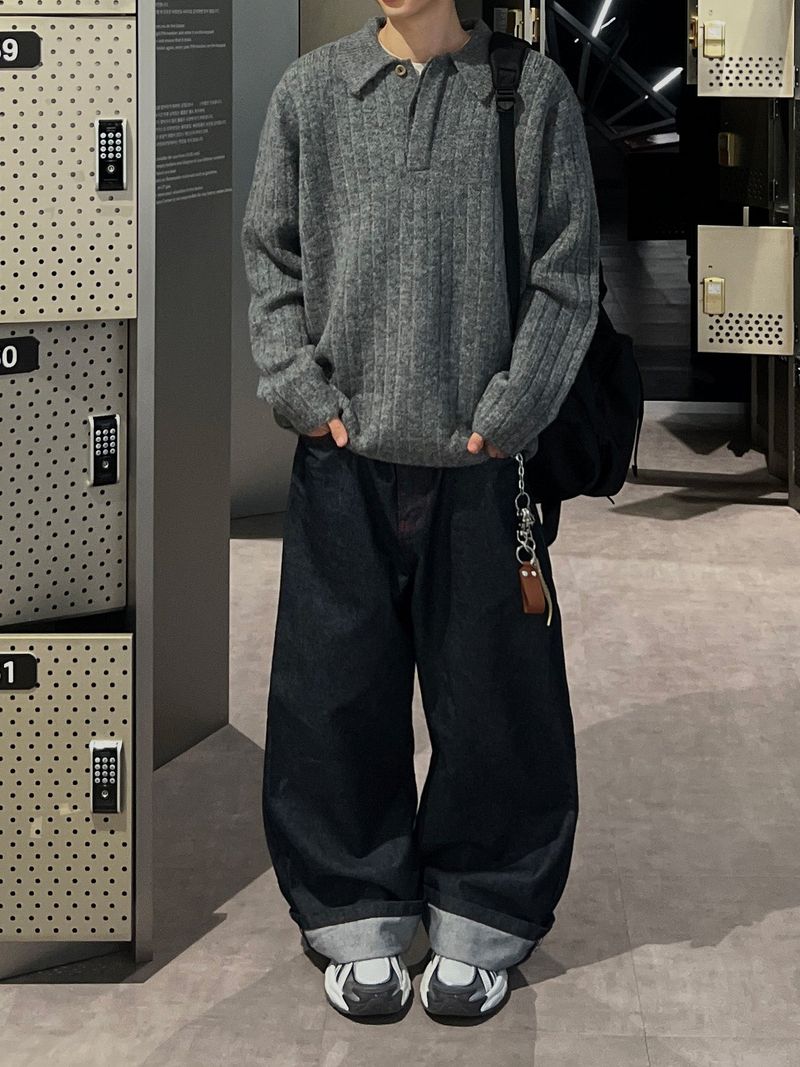 Stitch Cuffing Wide Denim Pants (M, L)