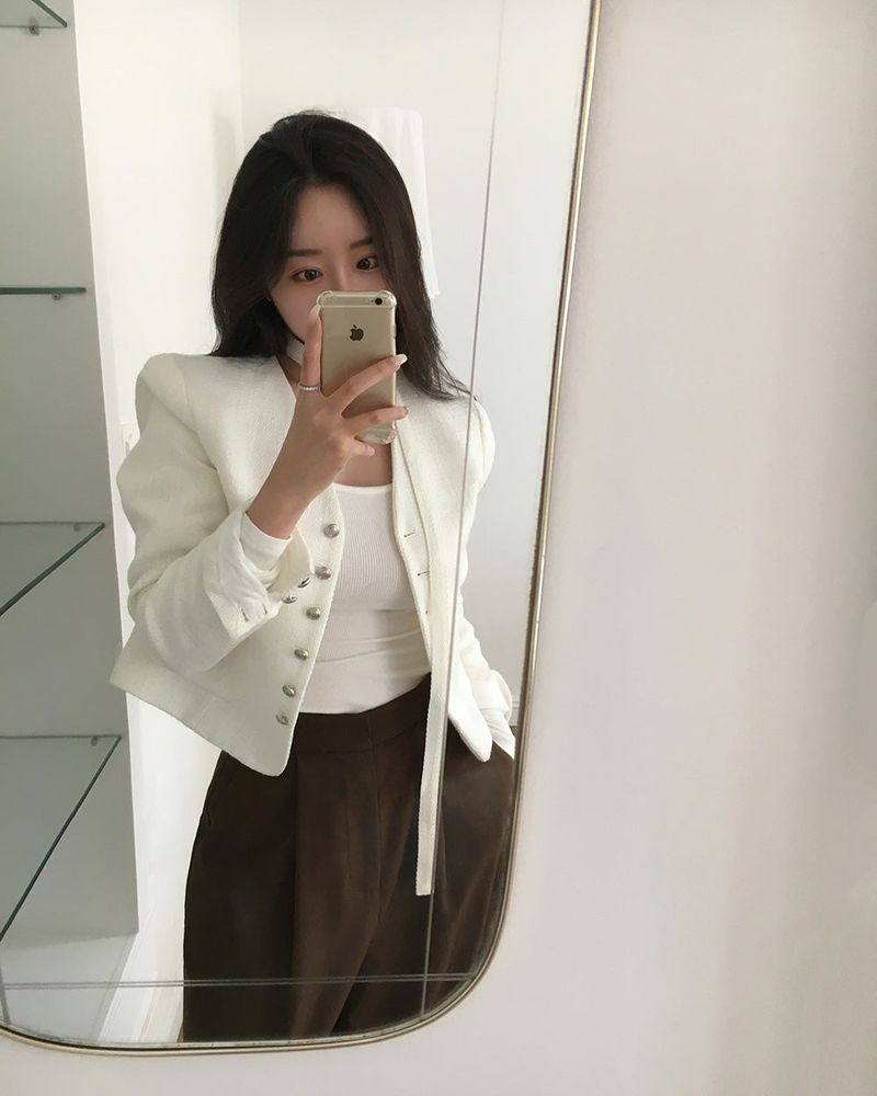 No-Collar Tweed Jacket with Tie Set