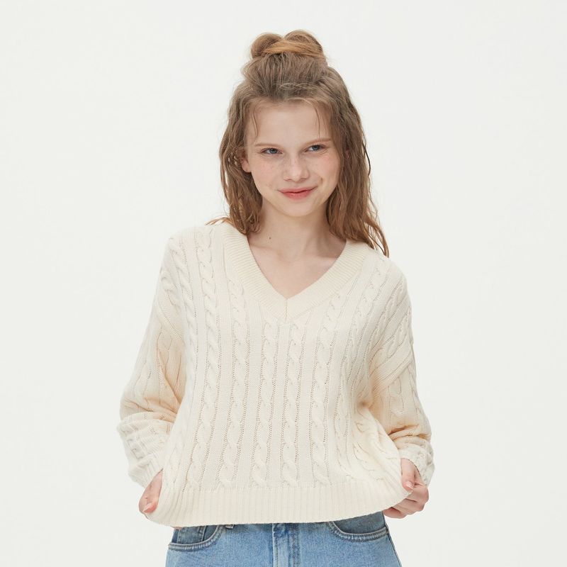 V NECK CABLE CROP KNIT_IVORY