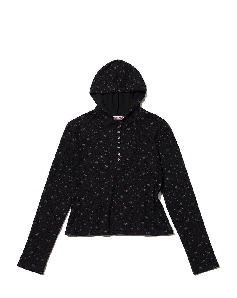 FLOWER WAFFLE BUTTON HOODIE - BLACK