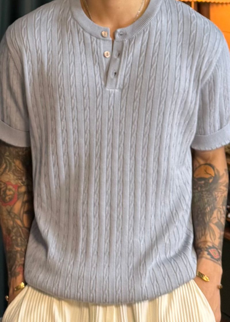 Cable Span Henley Neck Short Sleeve Knit 6COLOR