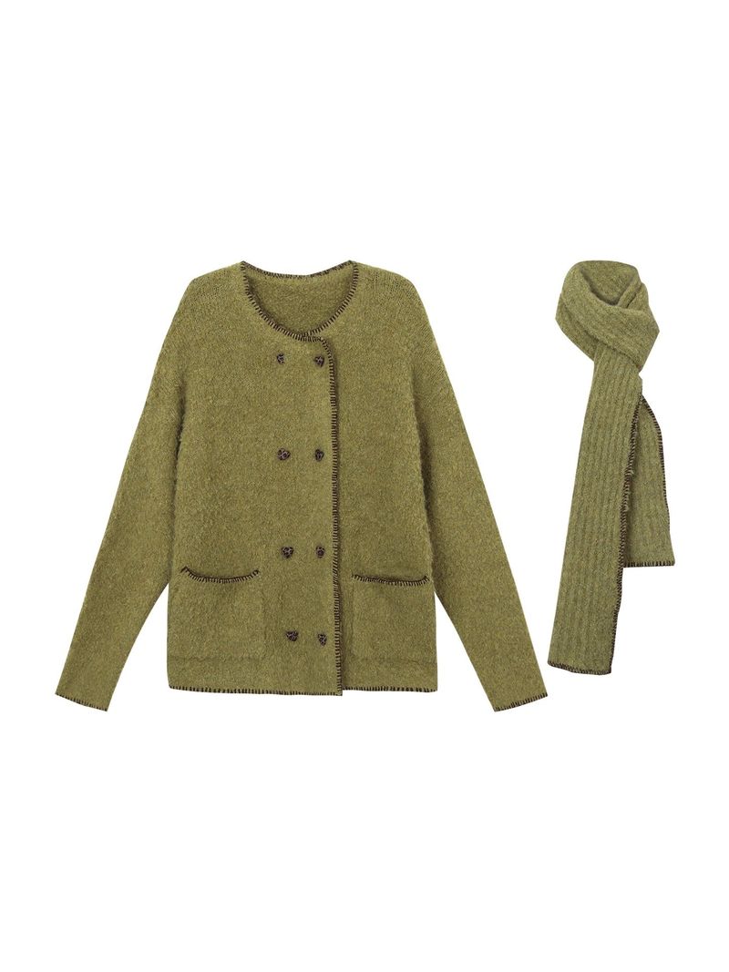 Green tea wool muffler knit cardigan