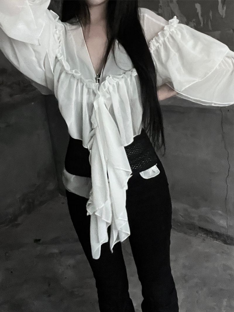 chiffon ruffle v-neck sheer blouse (2color)