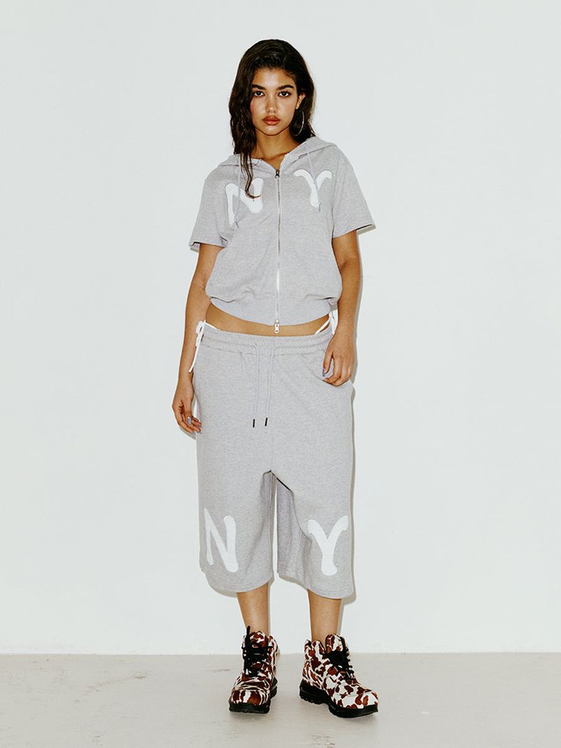 NY APLIQUE SS HOOD ZIP UP GREY