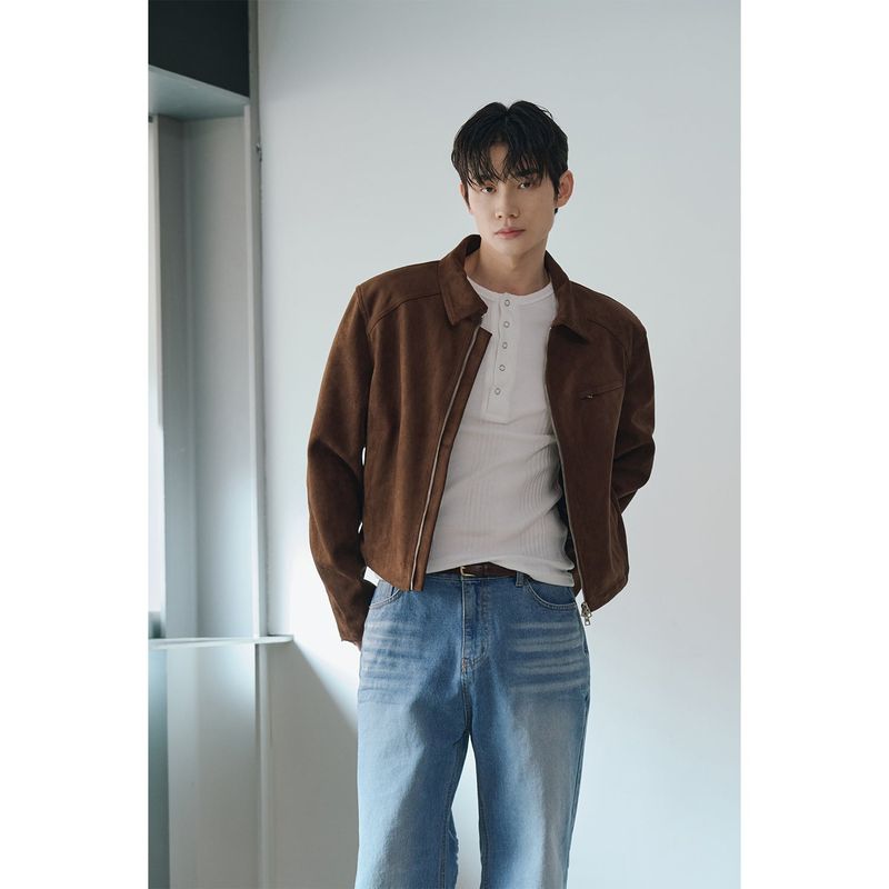 Suede crop biker jacket(Brown)