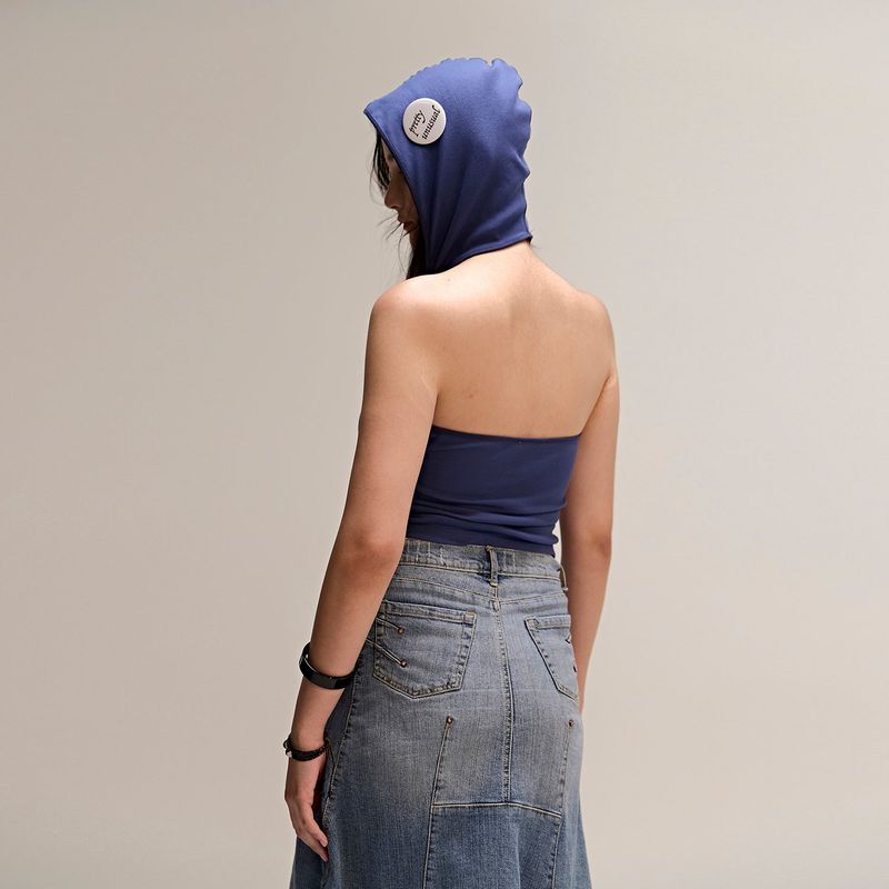 Button Hood Halterneck Top Navy