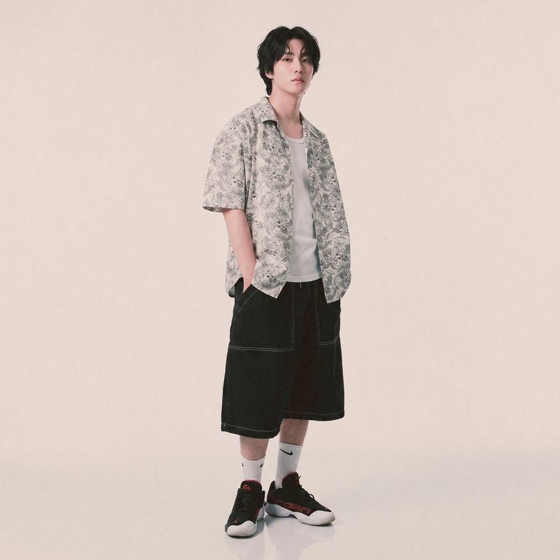 botanical drawing open collar shirt_ivory
