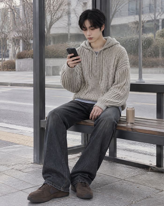 (UNISEX) Follow Half Zip Cable Knit Hoodie