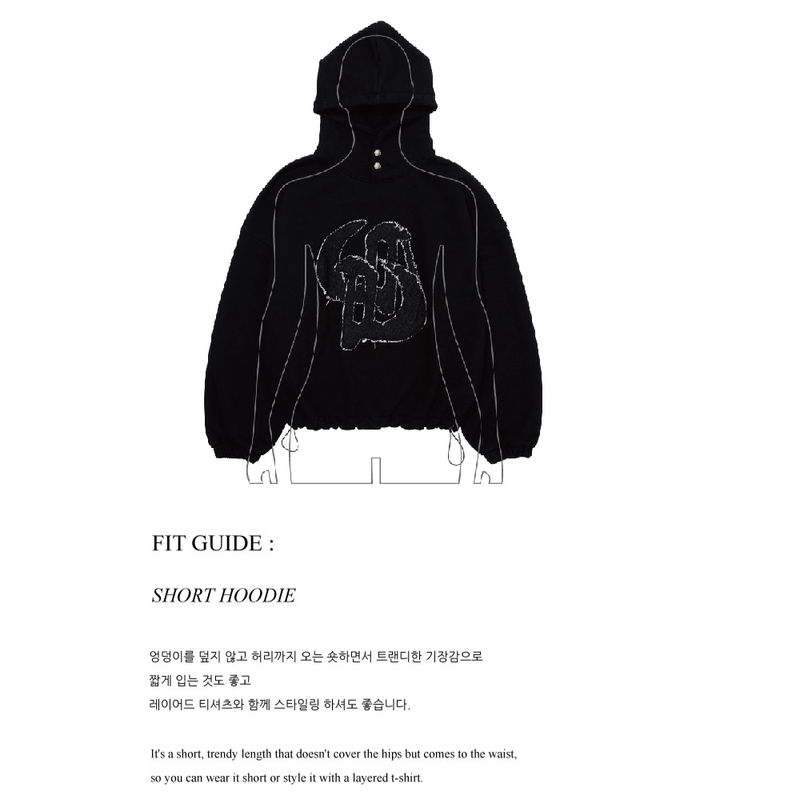 WASHED DENIM APPLIQUE SHORT HOODIE_BLACK