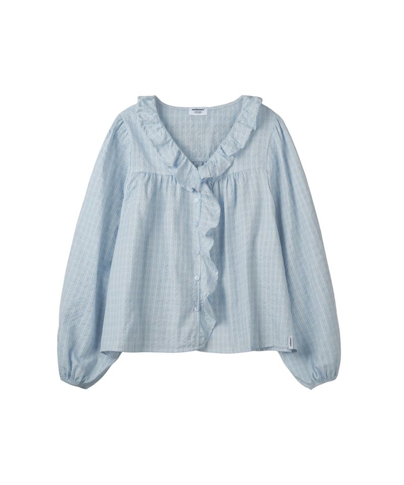 FRILL NECK CHECK BLOUSE (LIGHT BLUE)