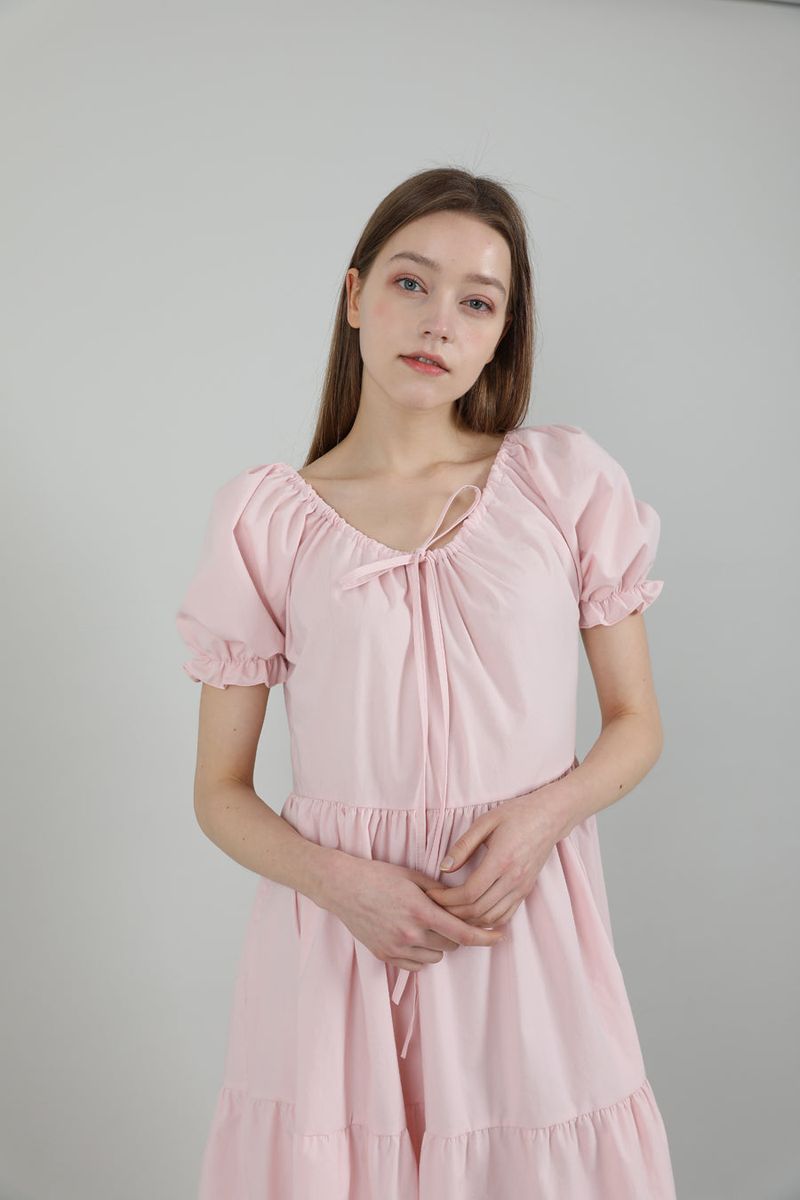 Romantic Shirring Long Onepiece Pink