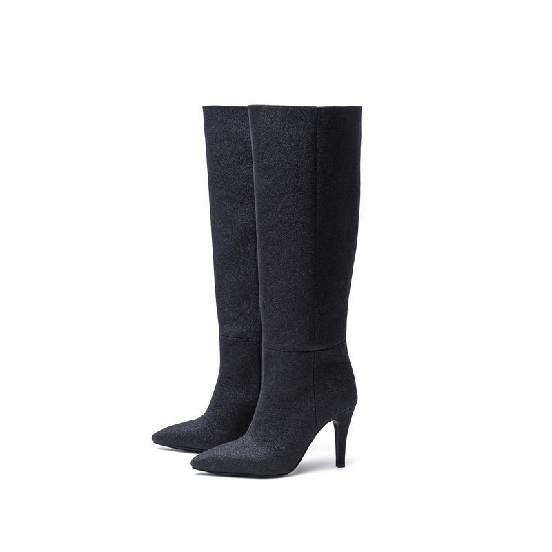 Pearl Shining Stiletto Boots Heel(Black)