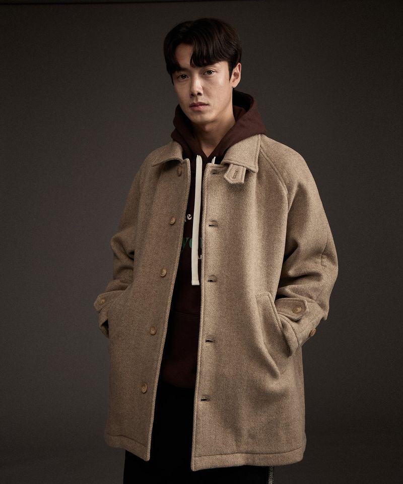 BALMACAAN HERRINGBONE WOOL CASHMERE HALF COAT BEIGE