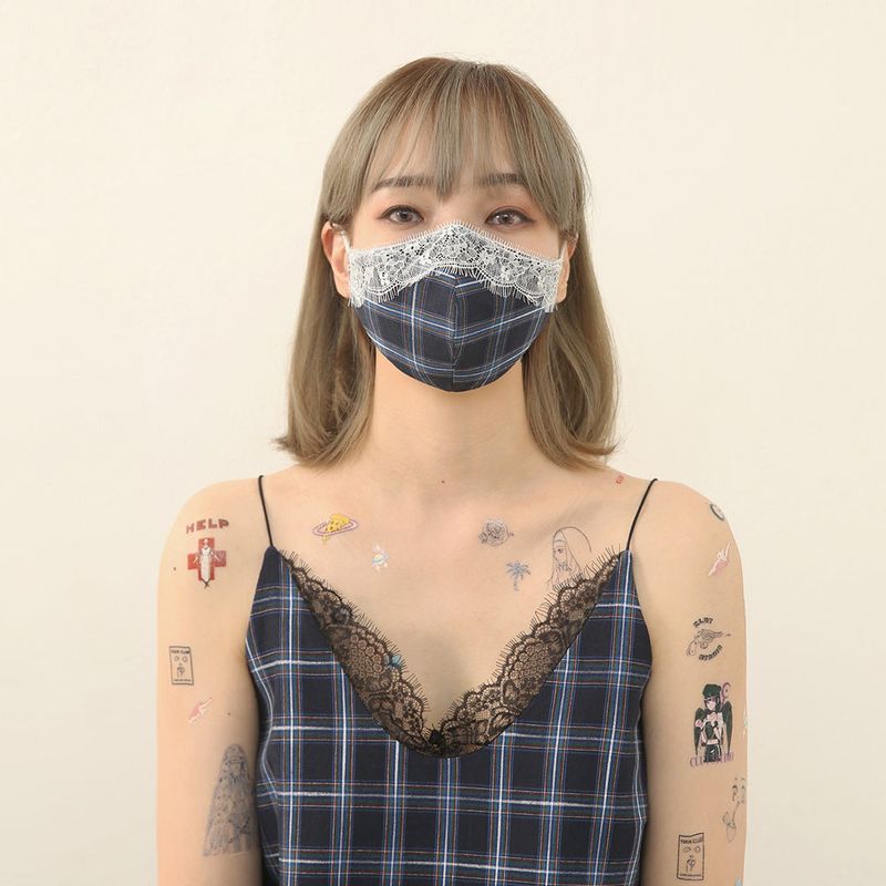 navy check lace mask