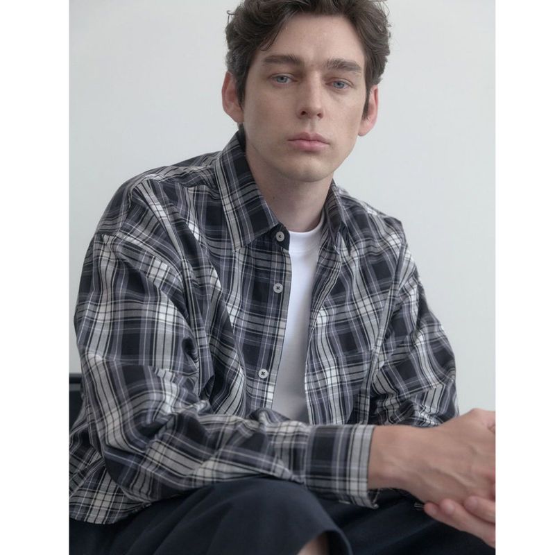 Vintage Washing gray blue check shirts