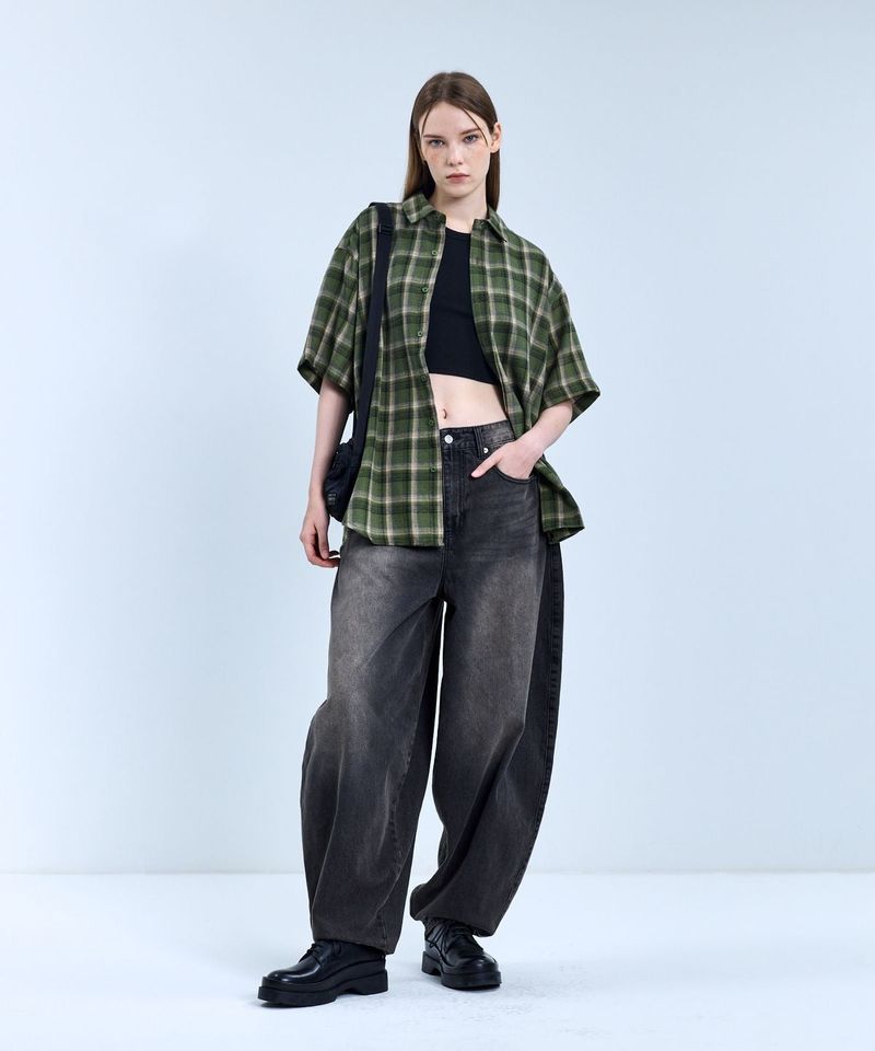 87-STAN067 Vintage Forest OverFit Short-Sleeved Tartan Check Shirt