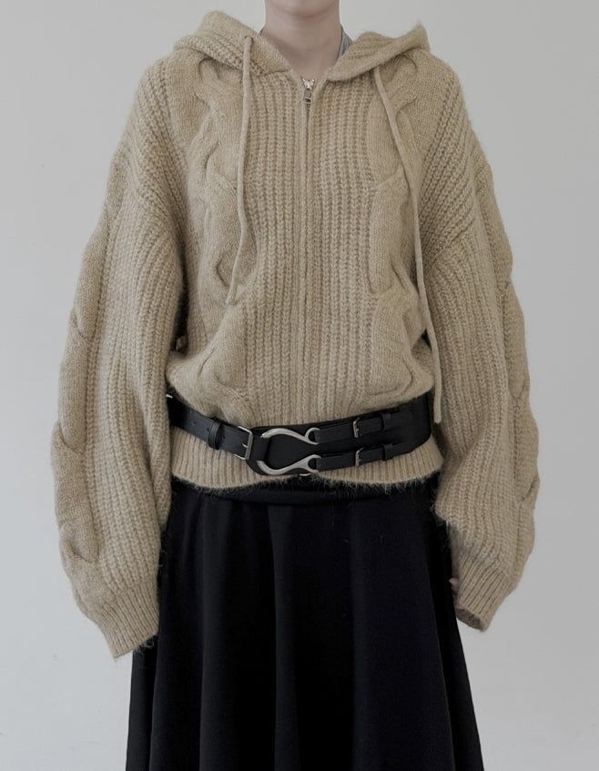 Cable Two-Way Knit Hood Zip-Up