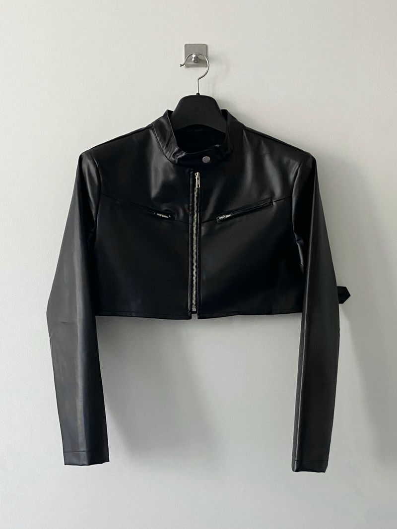 Block crop leather jacket