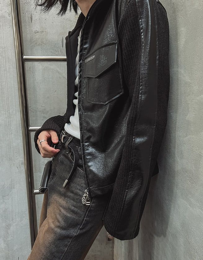 [LANARCH] Amber Leather Pocket Neck Zip-Up