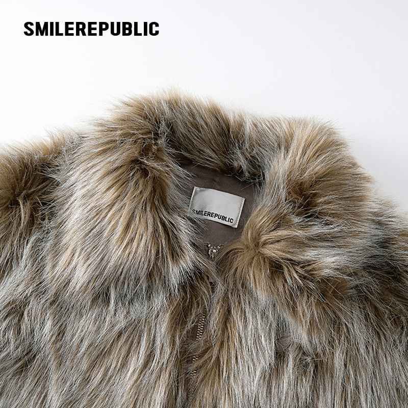 Women's Acrylic Blend Faux Fur Cropped Zip Jacket with Embroidered Back Logo, Casual Winter Outerwear