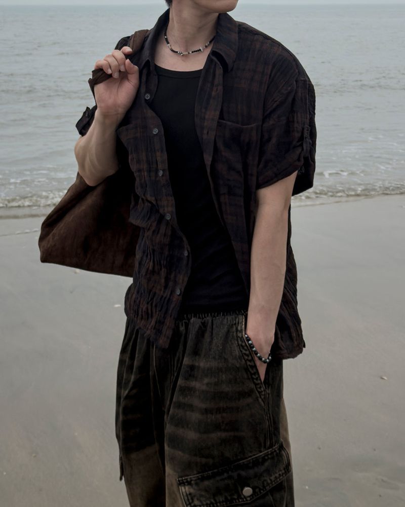 JIIGEUM（ジグム）の「Embossed Texture Check Roll-Up Shirt（Tops）」