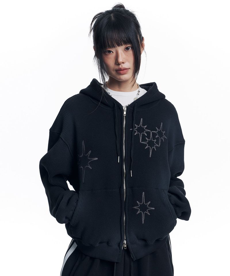 Washed Star Waffle Hooded Zip-Up - Black
