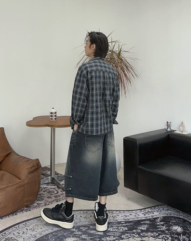 Epearl pintuck Bermuda denim pants