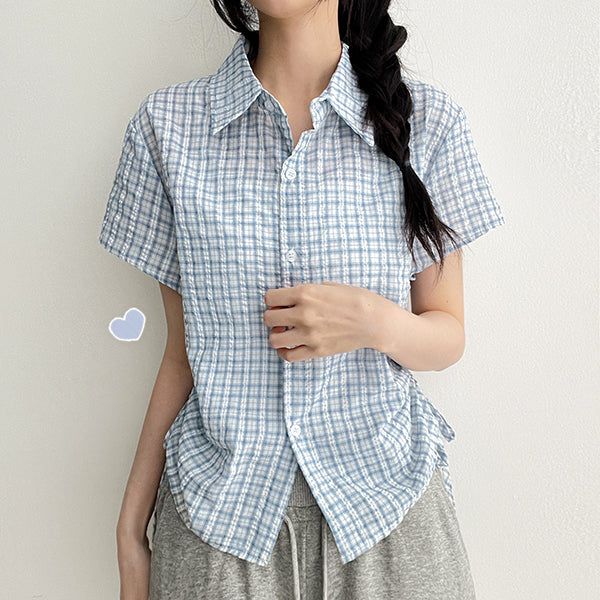 hijjoo（ハイチュー）の「Hbit Sleeve Roll-Up Side Line Shirring Check Short Sleeve Blouse (3 colors)（Tops）」