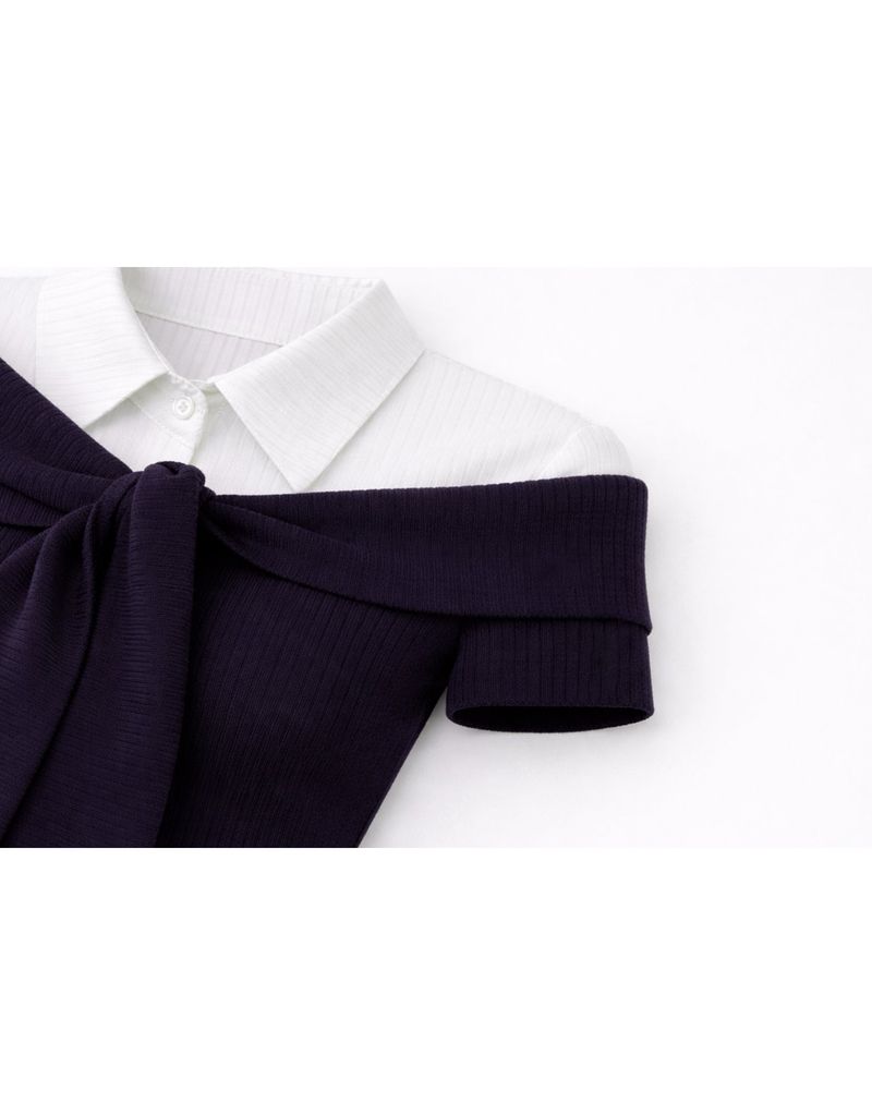 Elly Off-Shoulder Tie Ribbed Short Sleeve Knit T-Shirt Navy