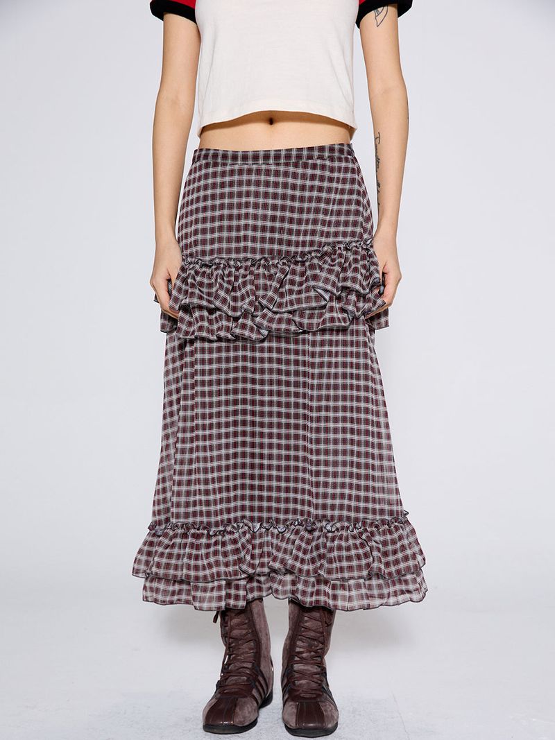 CHECK FRILL SKIRT / RED