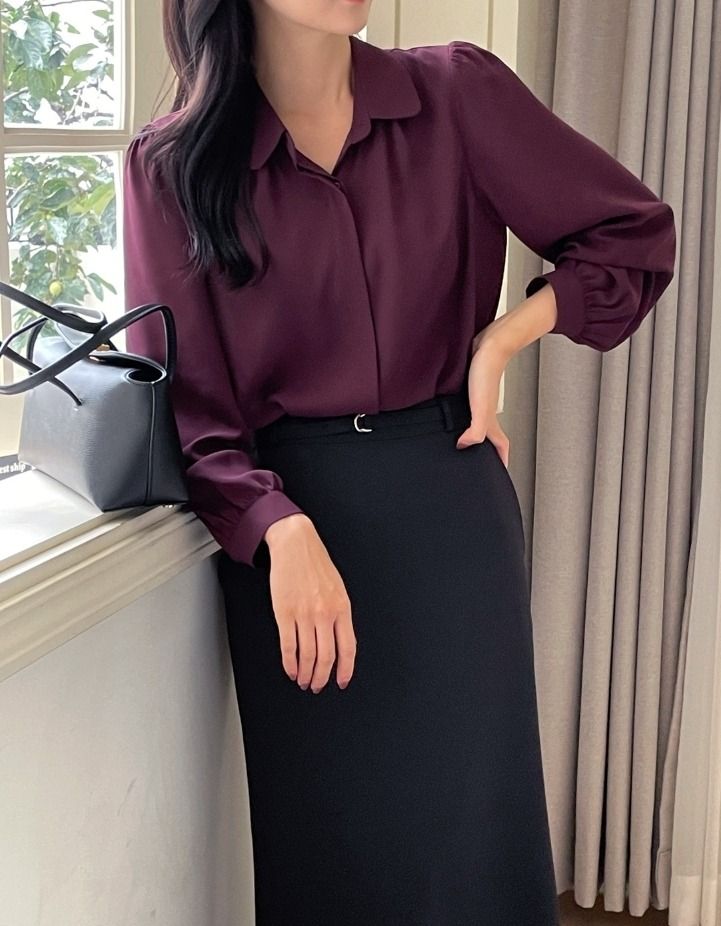 Nero Collar Shirring Hidden Button Puff Blouse