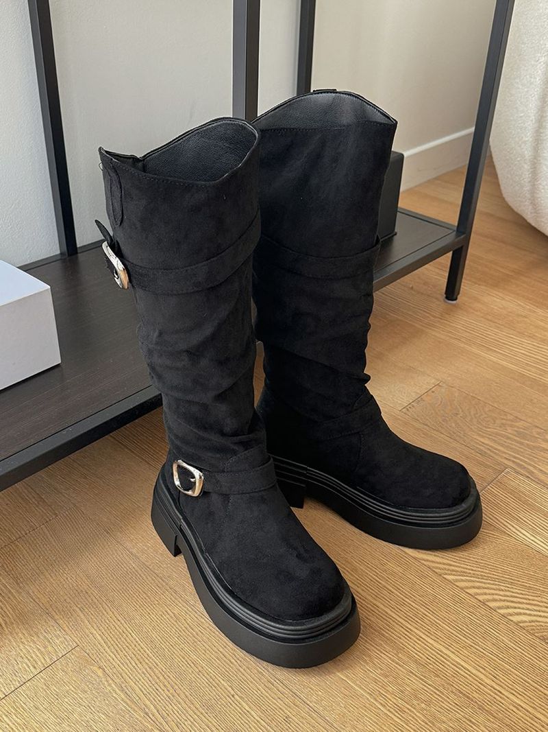line suede buckle slouch long bootS