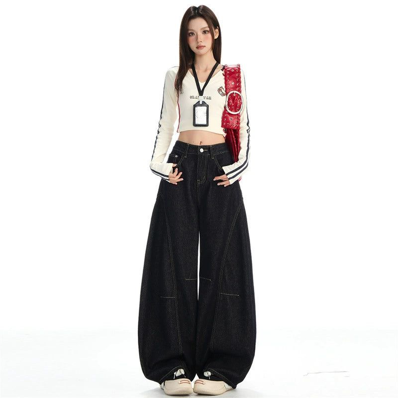 Navy-cut High-waist Mixed Denim Pants