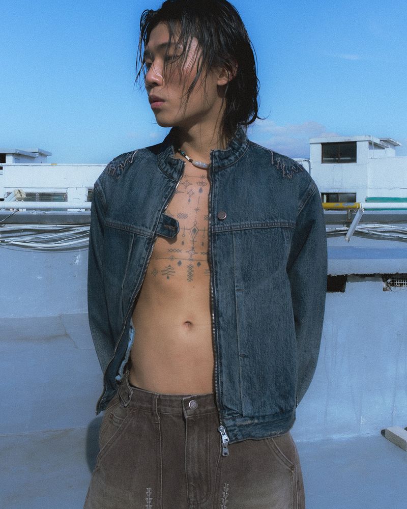 Mounted denim short jacket / Vintage blue