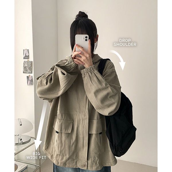 Haute High Neck Hem String Pocket Hooded Jacket
