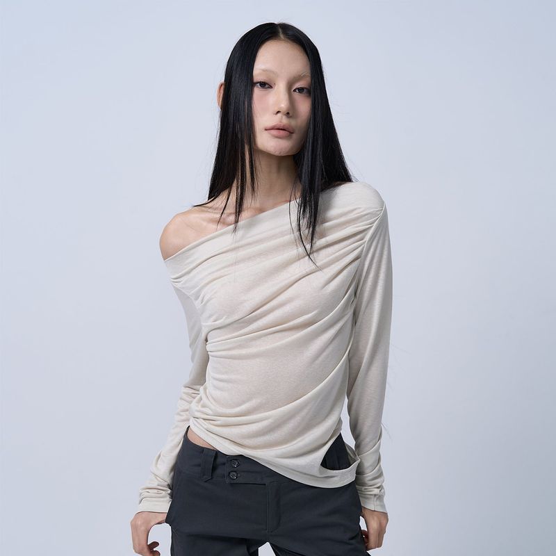 OFF SHOULDER SHIRRING CUT-OUT TOP (PALE GREEN)