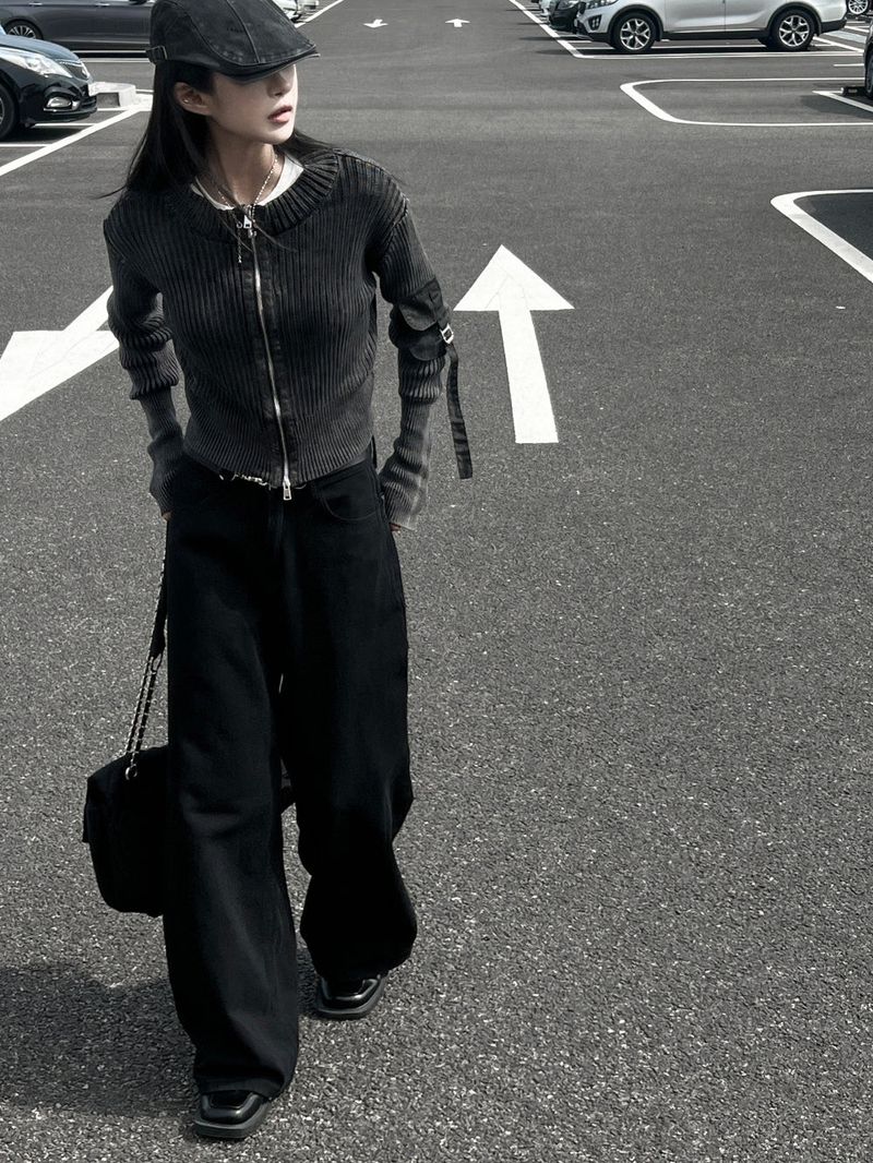 Y2K Back Point X Strap Bijo Wide Loose Fit Denim Long Pants (Black)