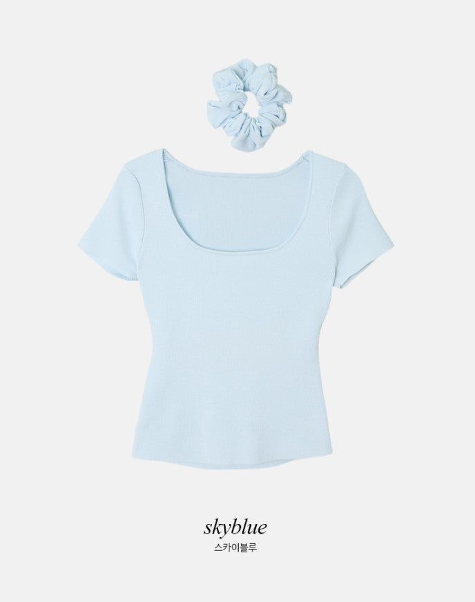 #Back Slit Square Short Sleeve Knit + Scrunchie Set (5color)