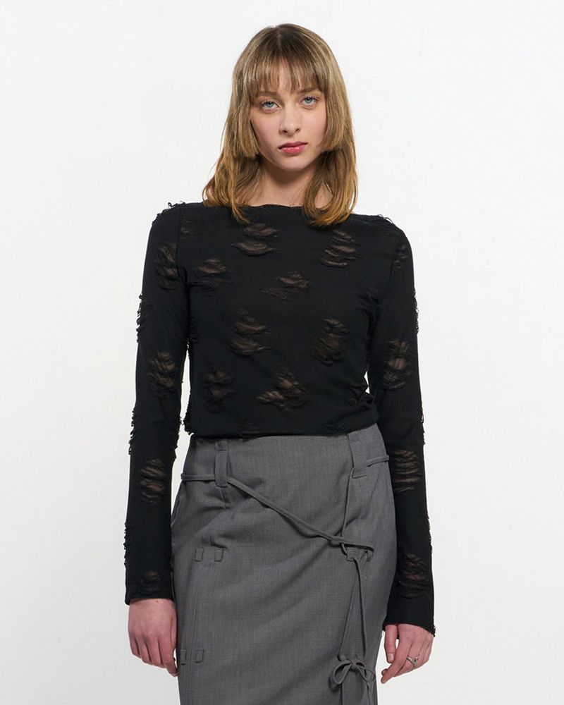 KIMZISU(キムジス)の「Distressed Cowl Neck T-shirt _ BLACK(Tops)」