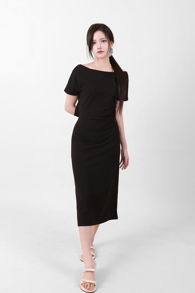 Off-Shoulder Slit Long Onepiece Black